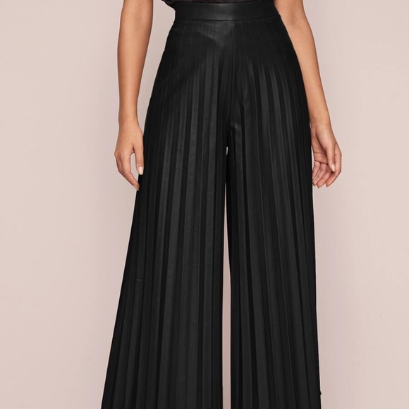 Black Accordion Vegan Leather Palazzo Wide Pants - Picture 9 of 10